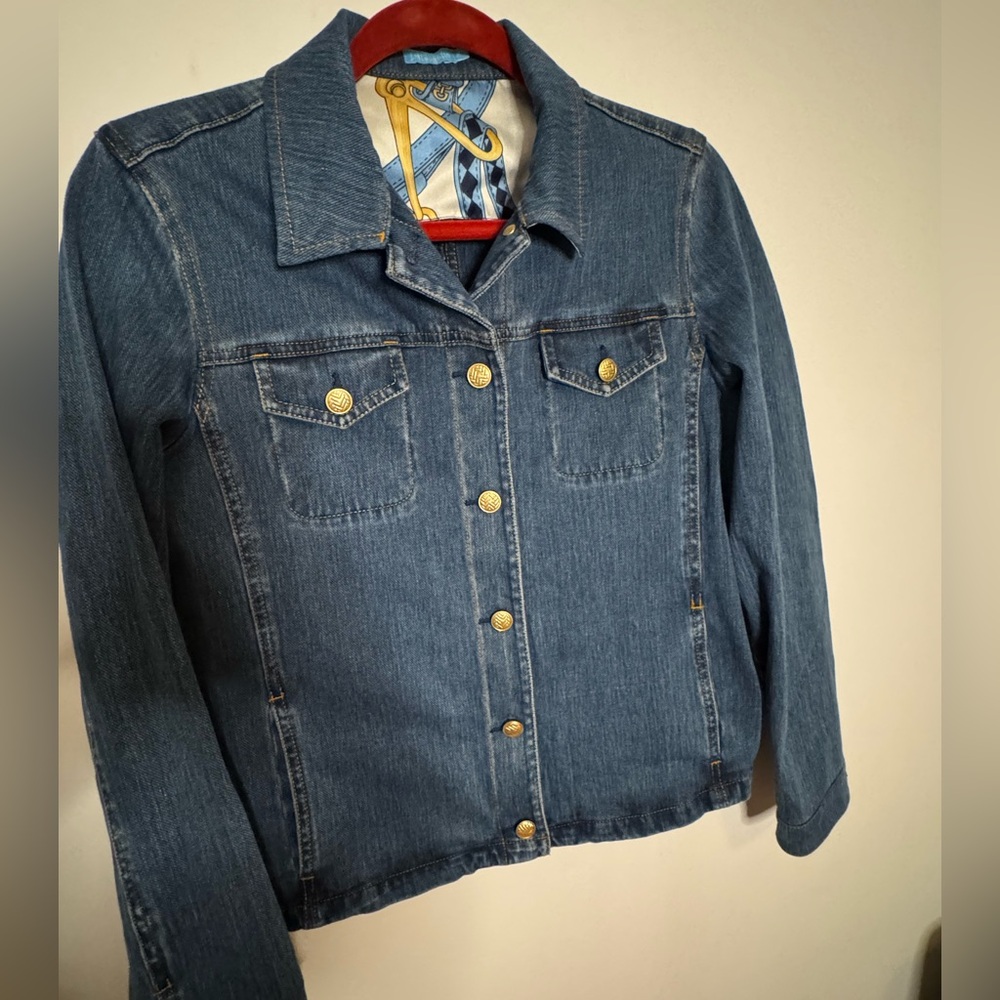 J McLaughlin Denim Jacket with Gold Buttons silk detail cuffs size Medium